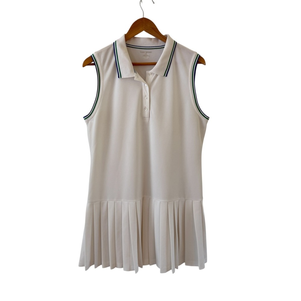 Tory Sport Pleated Tennis Dress Womens L White Sleeveless Collared Mini